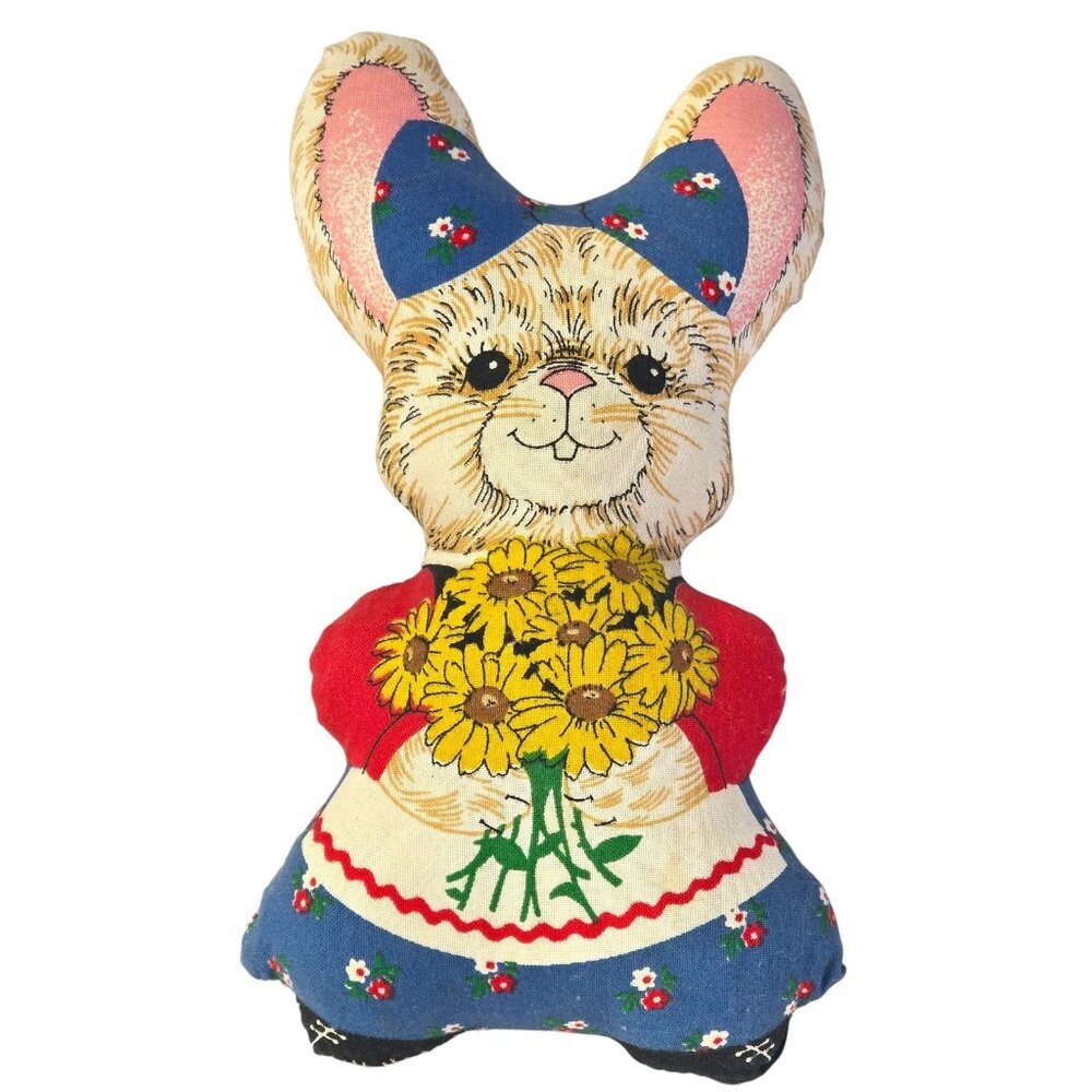 Vintage Cut & Sew Bunny Pillow Plush Fabric Panel Folk Art Rabbit Doll Daisy